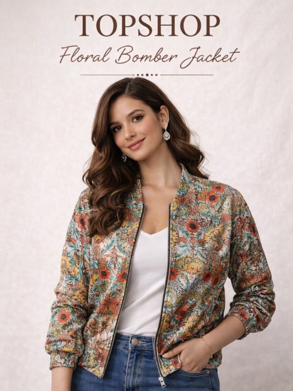 Topshop Floral Bomber Jacket Boho Print Zip Front Lightweight Size 12